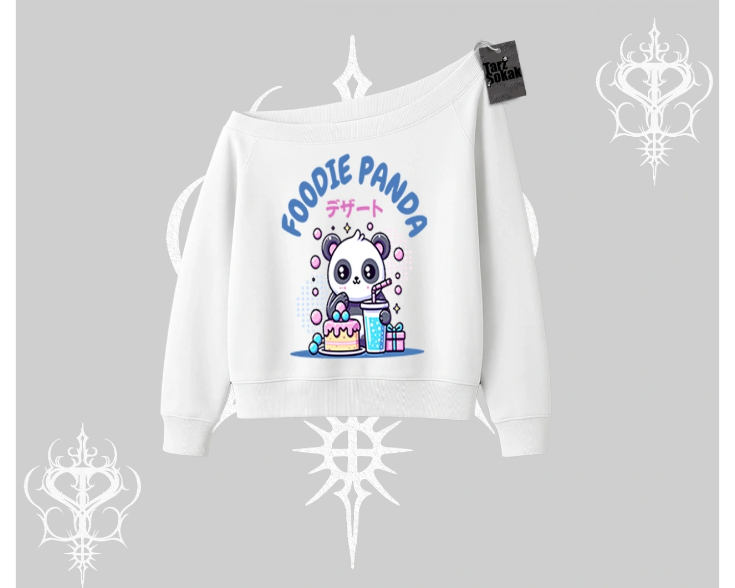 Kayık Yaka Sweatshirt Foodie Panda Tatlı ve Sevimli Panda Baskılı