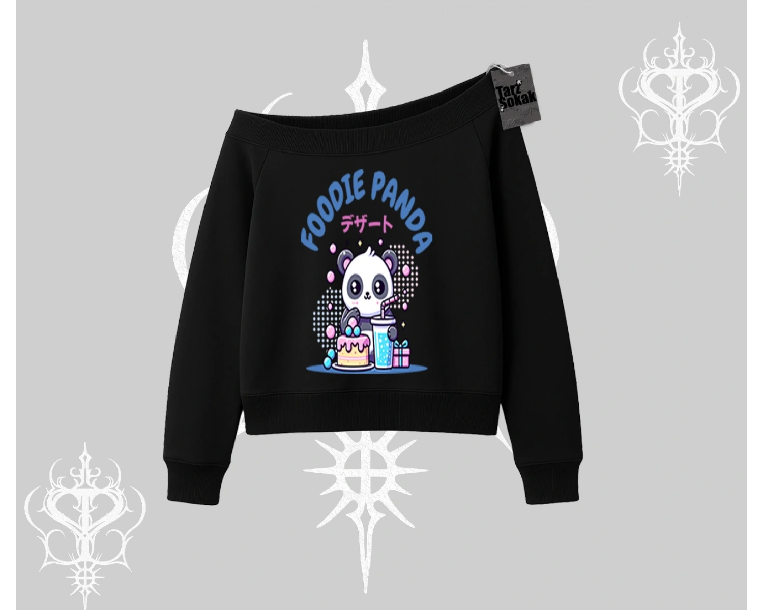 Kayık Yaka Sweatshirt Foodie Panda Tatlı ve Sevimli Panda Baskılı