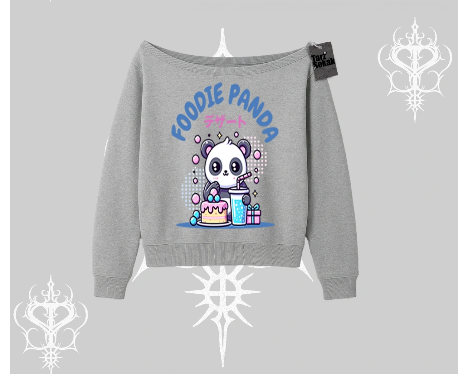 Kayık Yaka Sweatshirt Foodie Panda Tatlı ve Sevimli Panda Baskılı