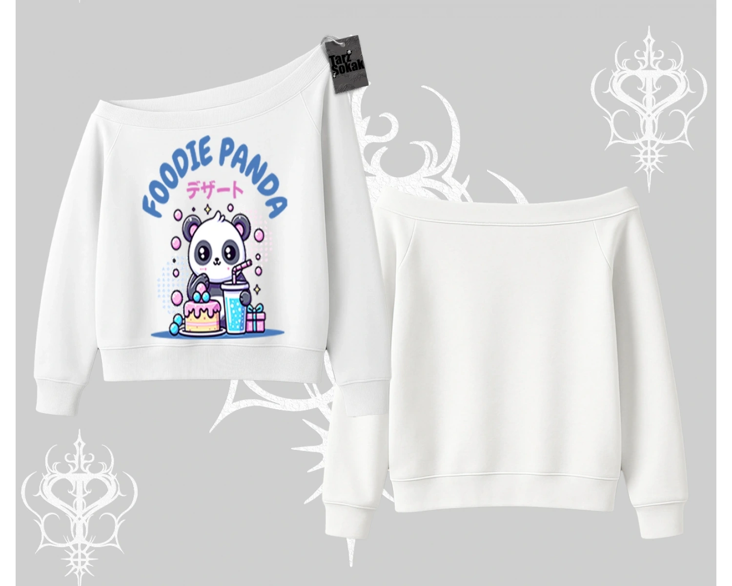 Kayık Yaka Sweatshirt Foodie Panda Tatlı ve Sevimli Panda Baskılı