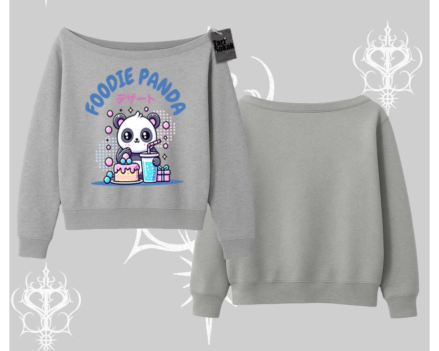Kayık Yaka Sweatshirt Foodie Panda Tatlı ve Sevimli Panda Baskılı