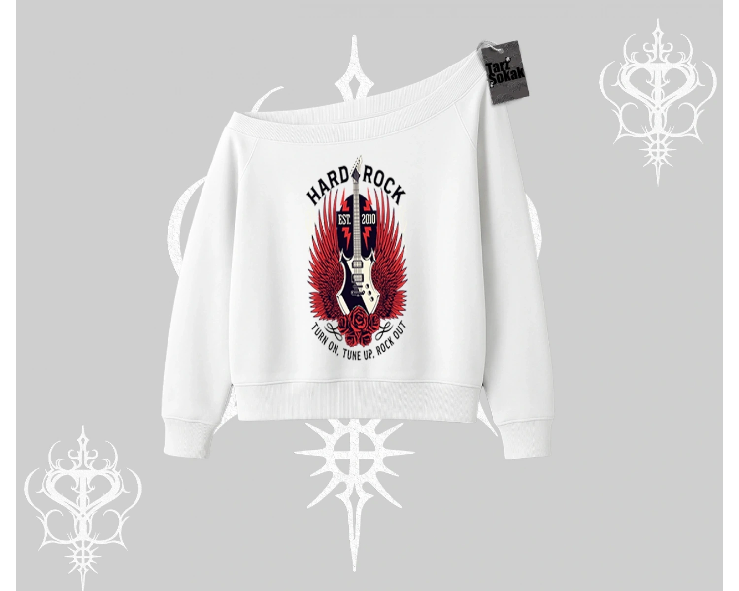 Kayık Yaka Sweatshirt Hard Rock Winged Guitar Rebellion