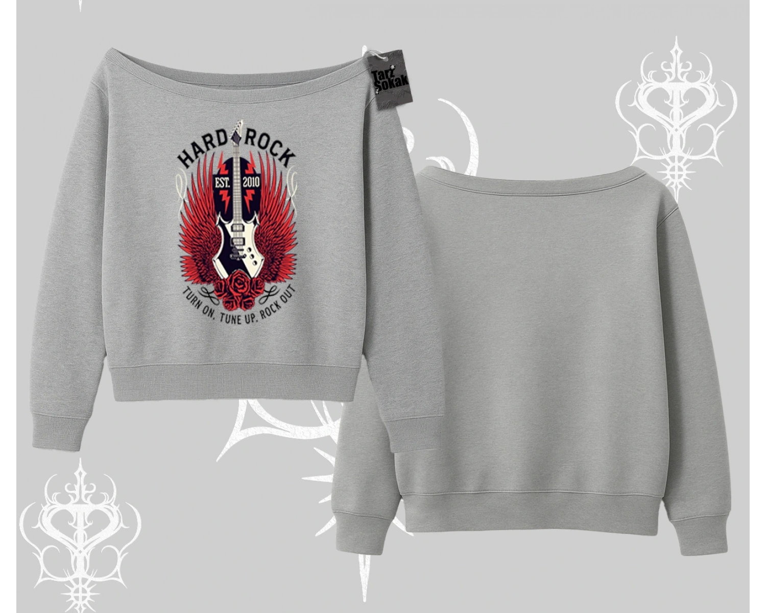 Kayık Yaka Sweatshirt Hard Rock Winged Guitar Rebellion