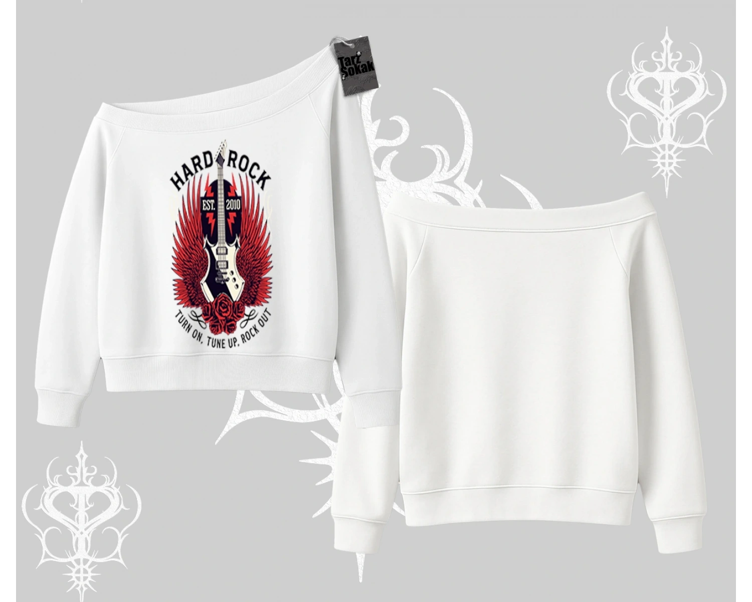 Kayık Yaka Sweatshirt Hard Rock Winged Guitar Rebellion