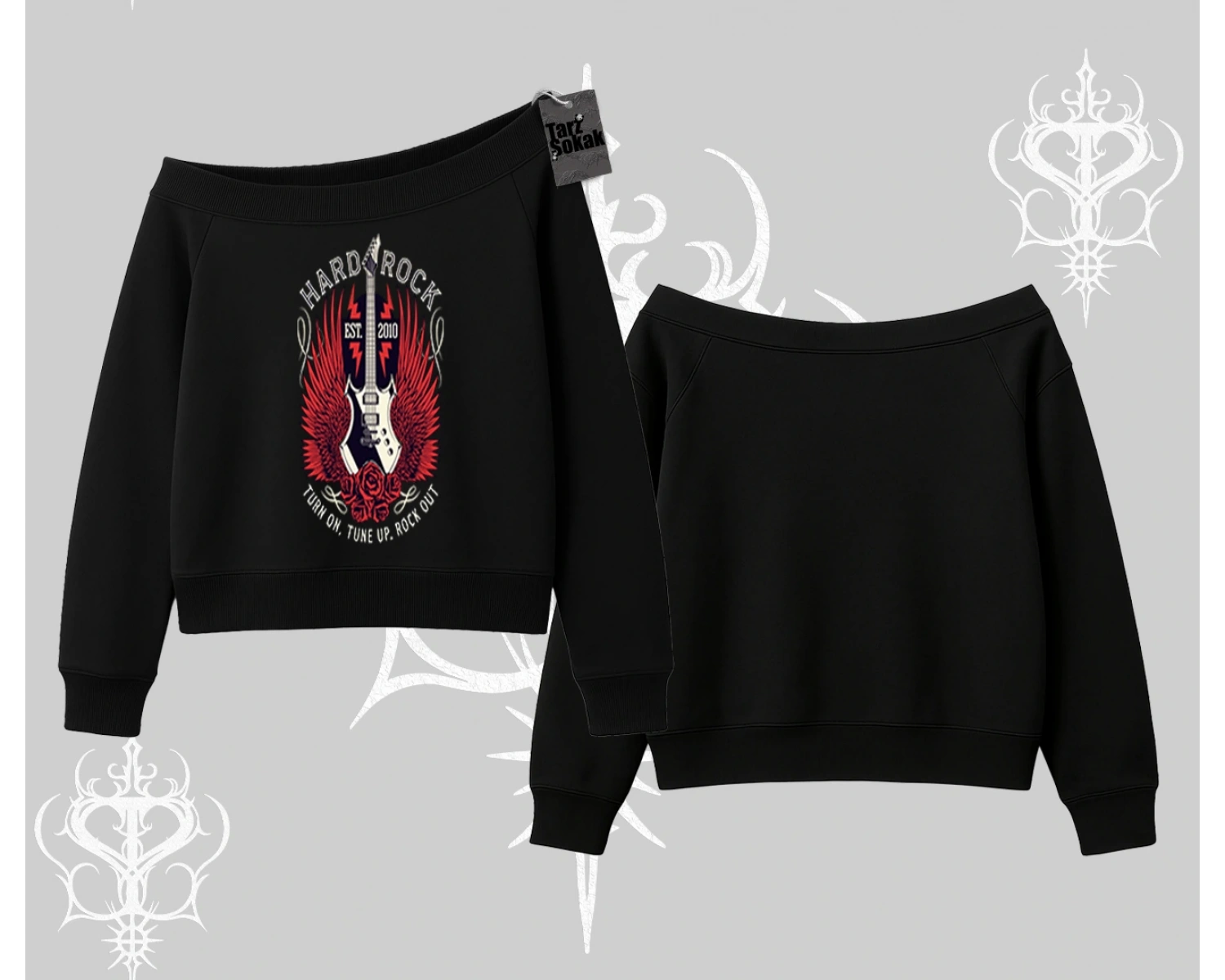Kayık Yaka Sweatshirt Hard Rock Winged Guitar Rebellion