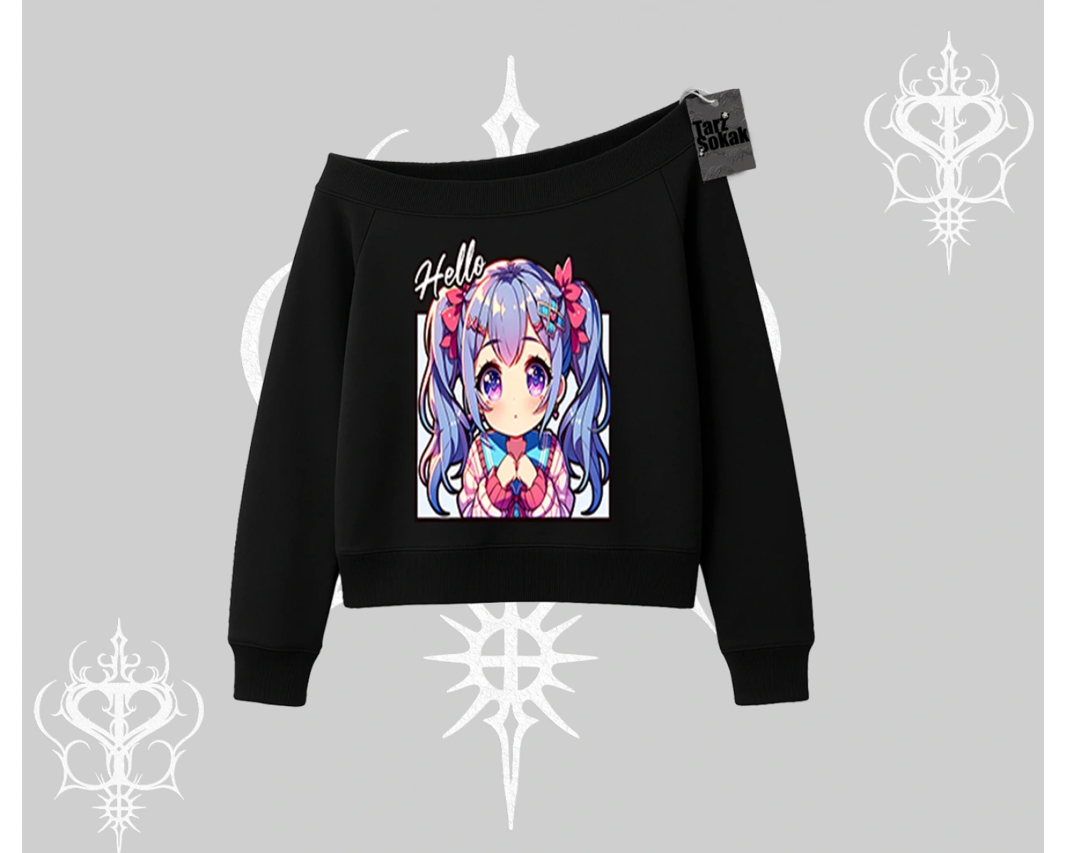 Kayık Yaka Sweatshirt Hello Anime Kız Sevimli Karakter Baskılı