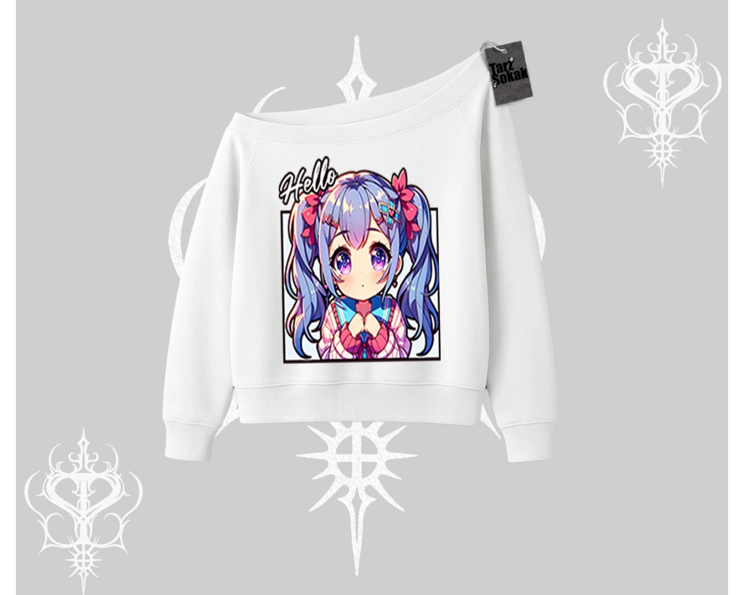 Kayık Yaka Sweatshirt Hello Anime Kız Sevimli Karakter Baskılı