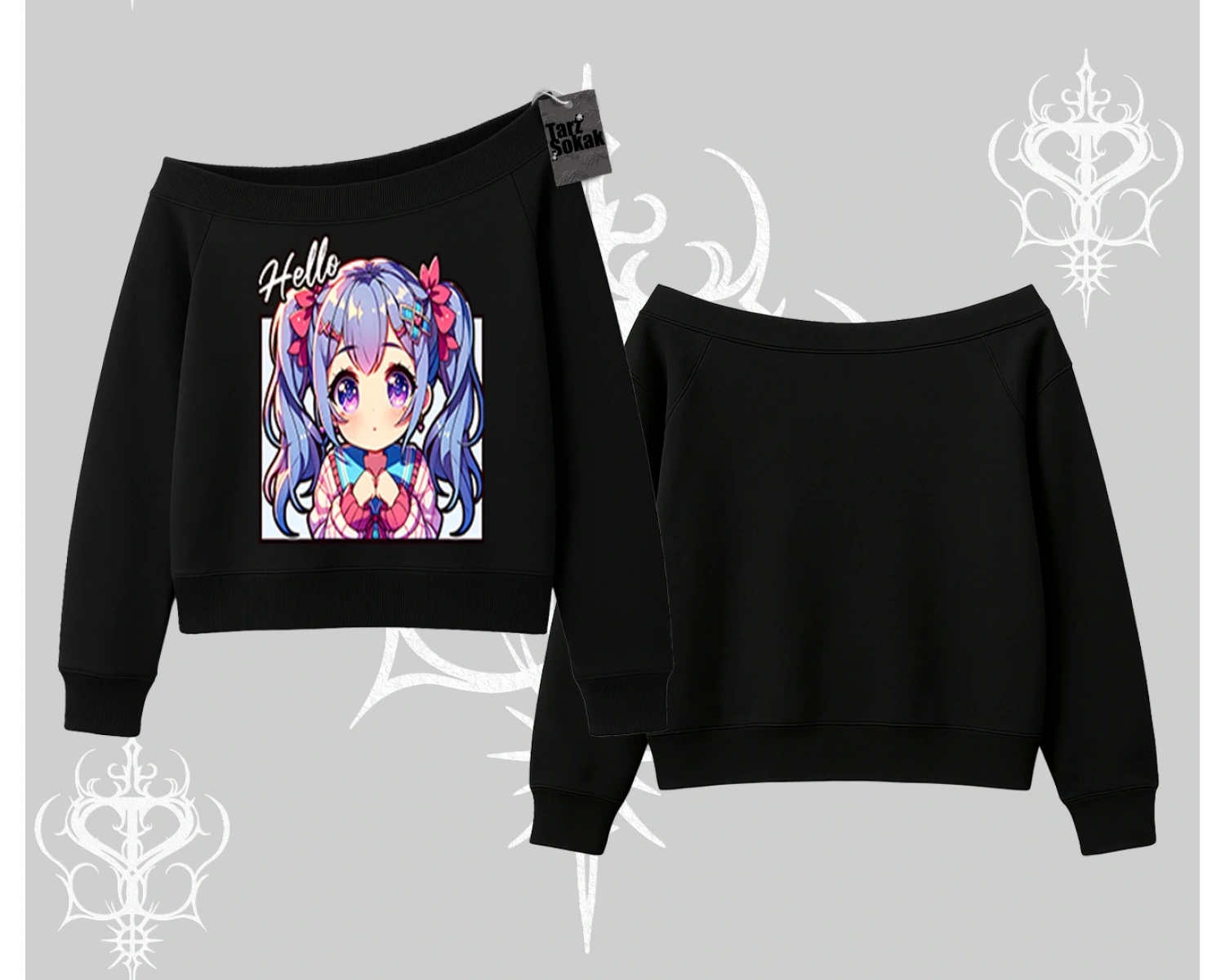 Kayık Yaka Sweatshirt Hello Anime Kız Sevimli Karakter Baskılı