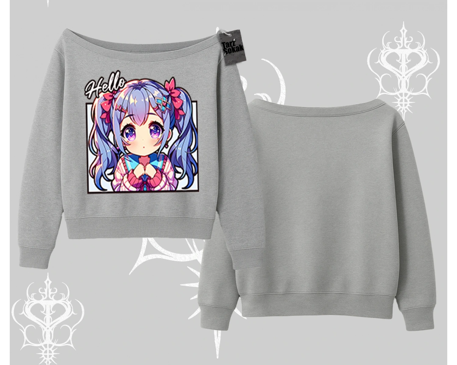 Kayık Yaka Sweatshirt Hello Anime Kız Sevimli Karakter Baskılı