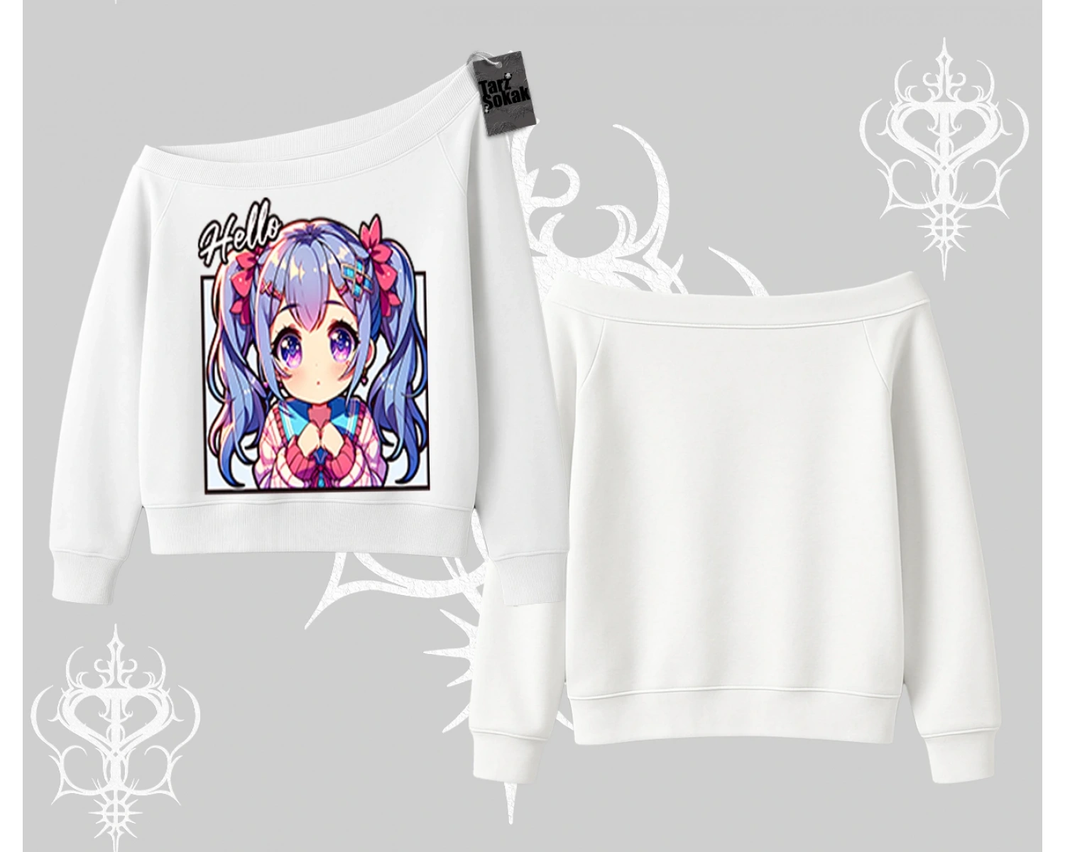 Kayık Yaka Sweatshirt Hello Anime Kız Sevimli Karakter Baskılı