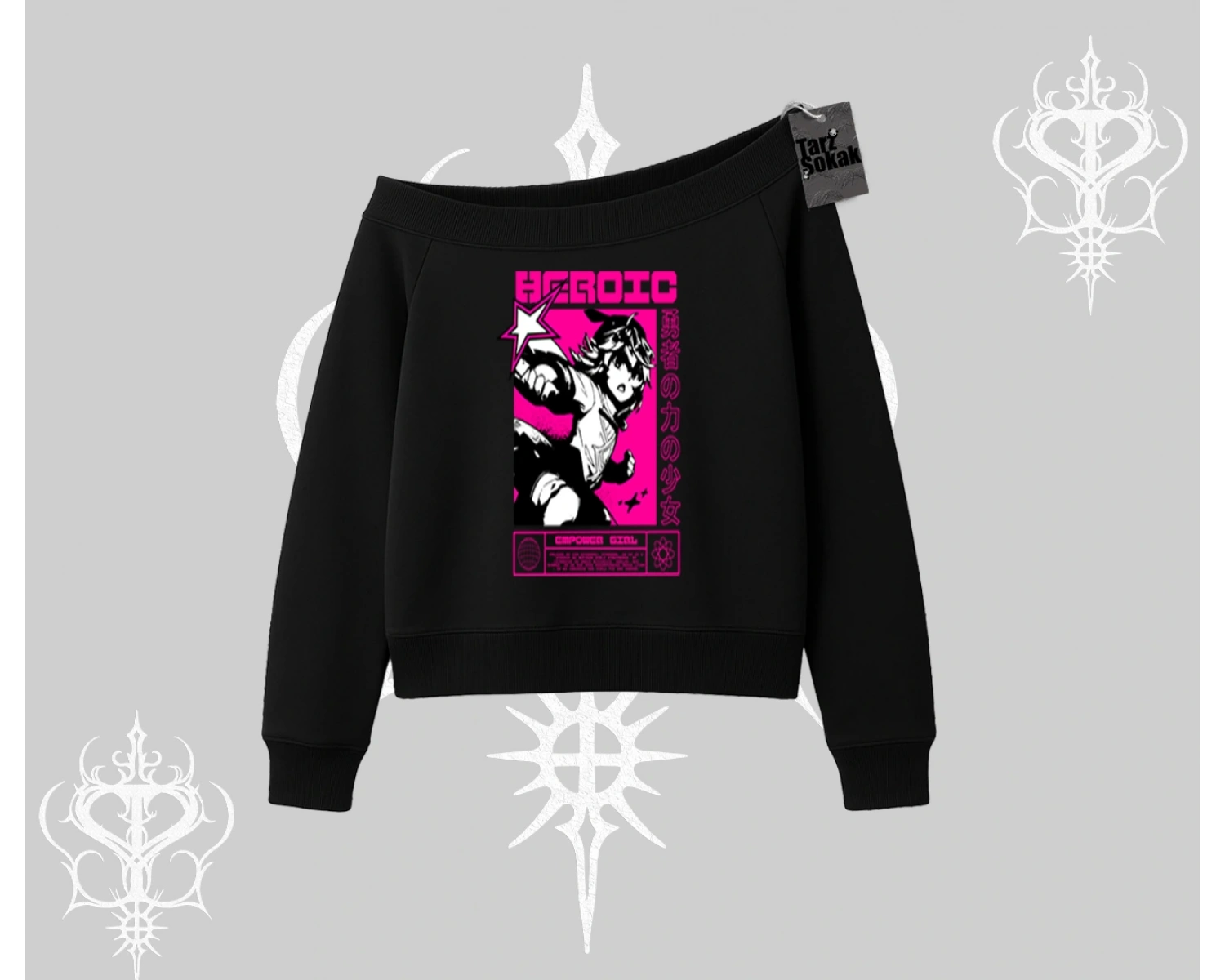 Kayık Yaka Sweatshirt Heroic Anime Girl Japon Stil Grafik Baskılı