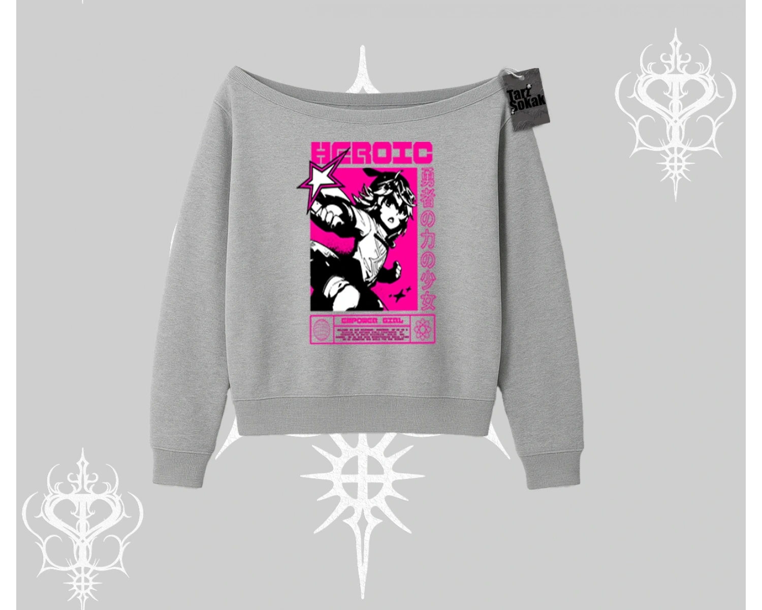 Kayık Yaka Sweatshirt Heroic Anime Girl Japon Stil Grafik Baskılı
