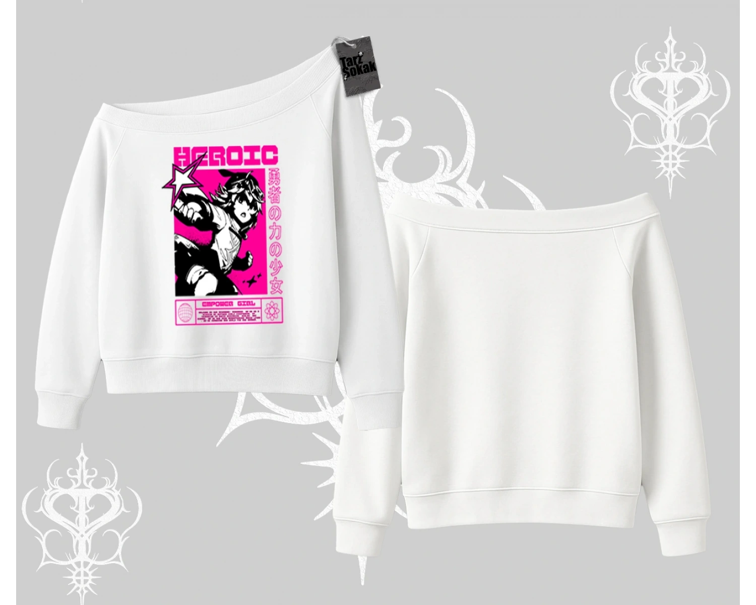 Kayık Yaka Sweatshirt Heroic Anime Girl Japon Stil Grafik Baskılı