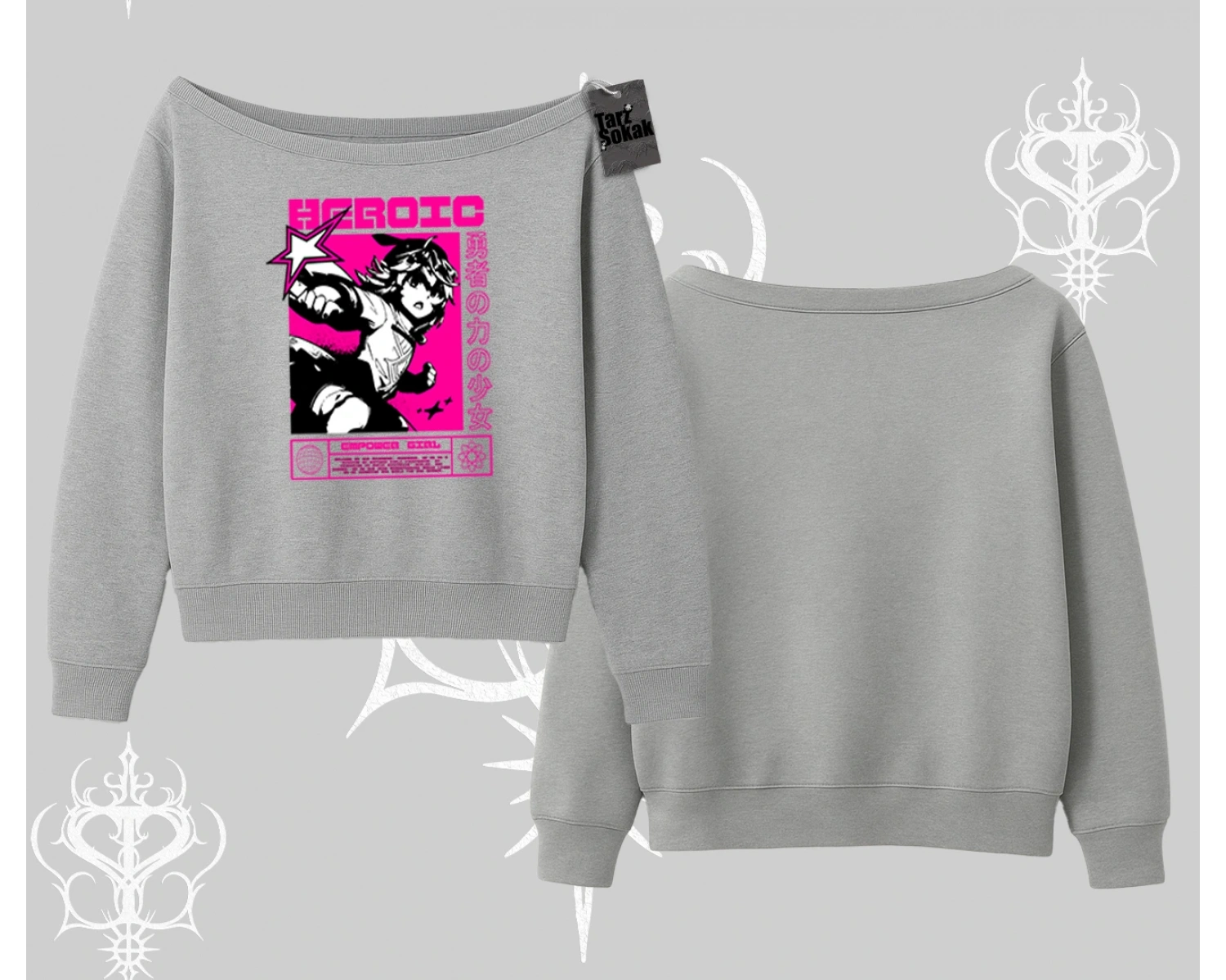 Kayık Yaka Sweatshirt Heroic Anime Girl Japon Stil Grafik Baskılı