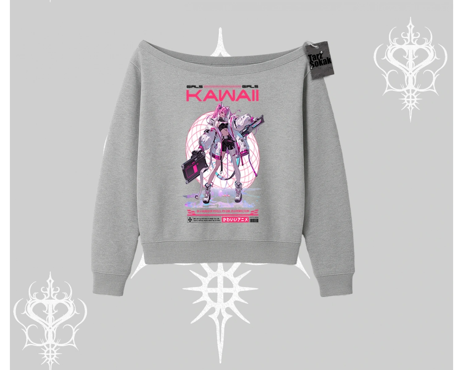 Kayık Yaka Sweatshirt Kawaii Cyberpunk Kız Japon Stil Baskı