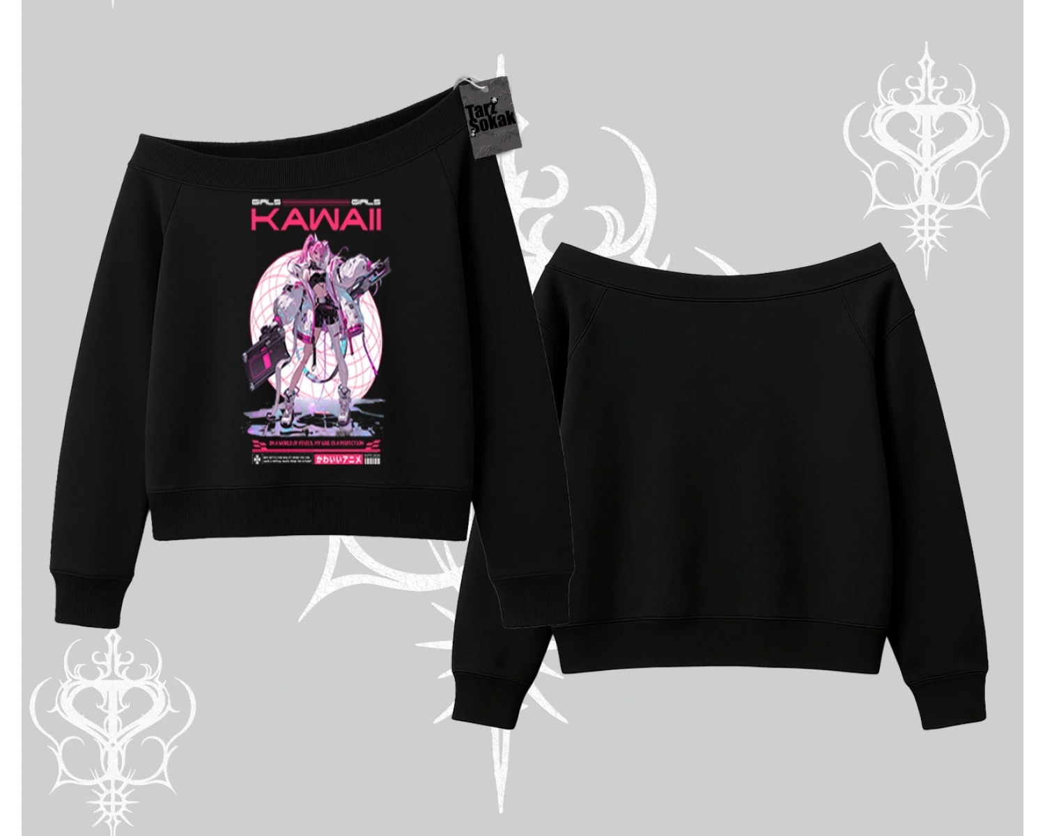 Kayık Yaka Sweatshirt Kawaii Cyberpunk Kız Japon Stil Baskı
