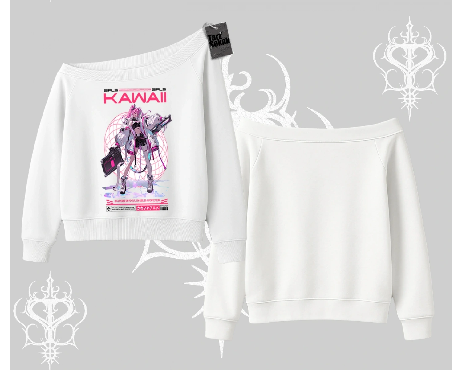 Kayık Yaka Sweatshirt Kawaii Cyberpunk Kız Japon Stil Baskı