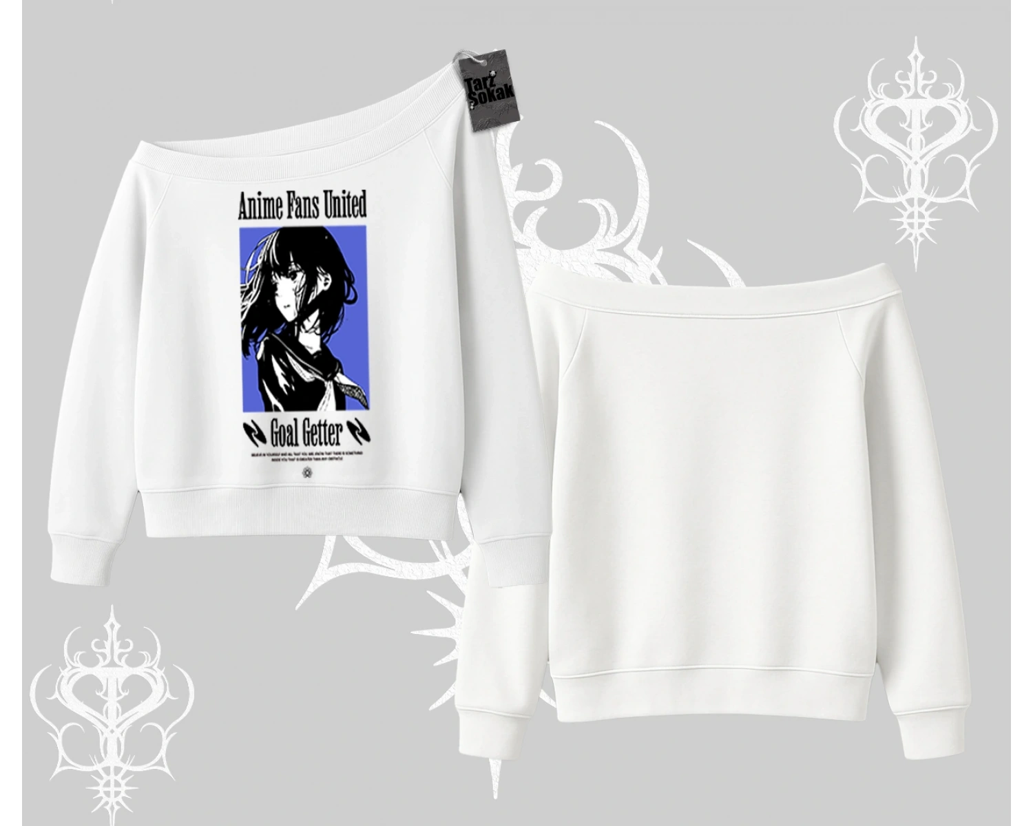 Kayık Yaka Sweatshirt Oversize Anime Kız Baskılı