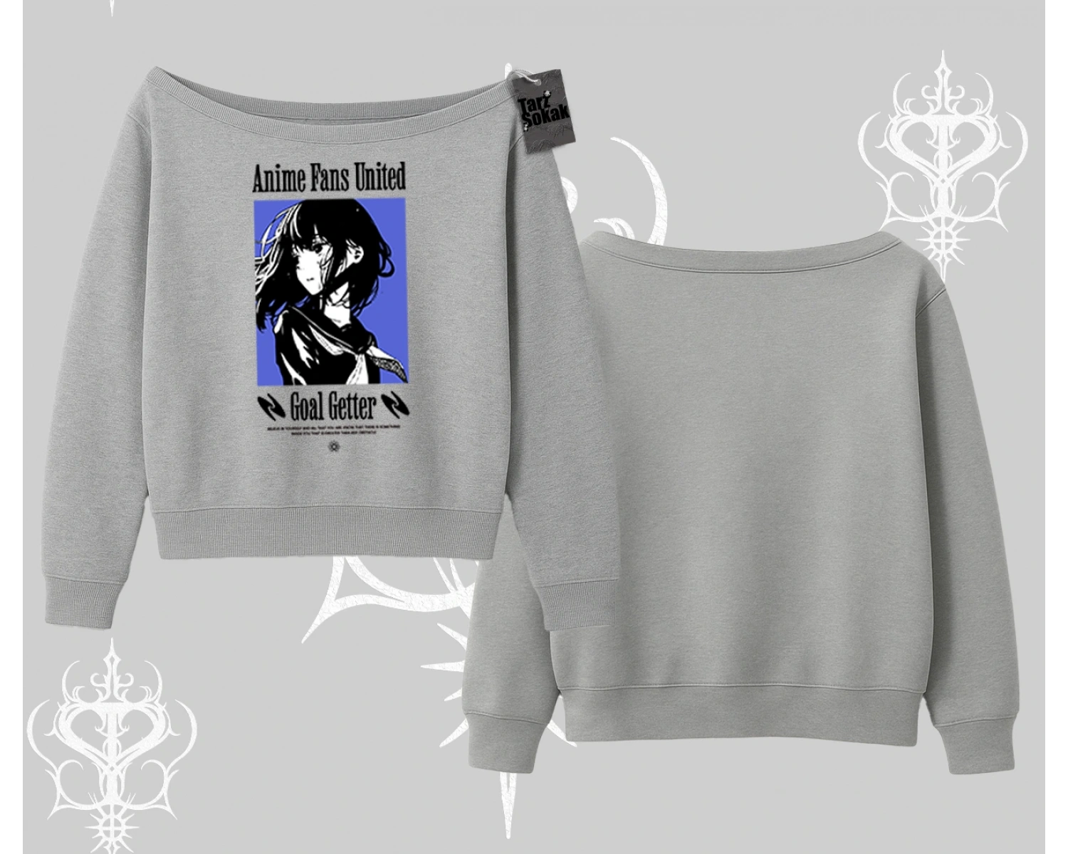 Kayık Yaka Sweatshirt Oversize Anime Kız Baskılı