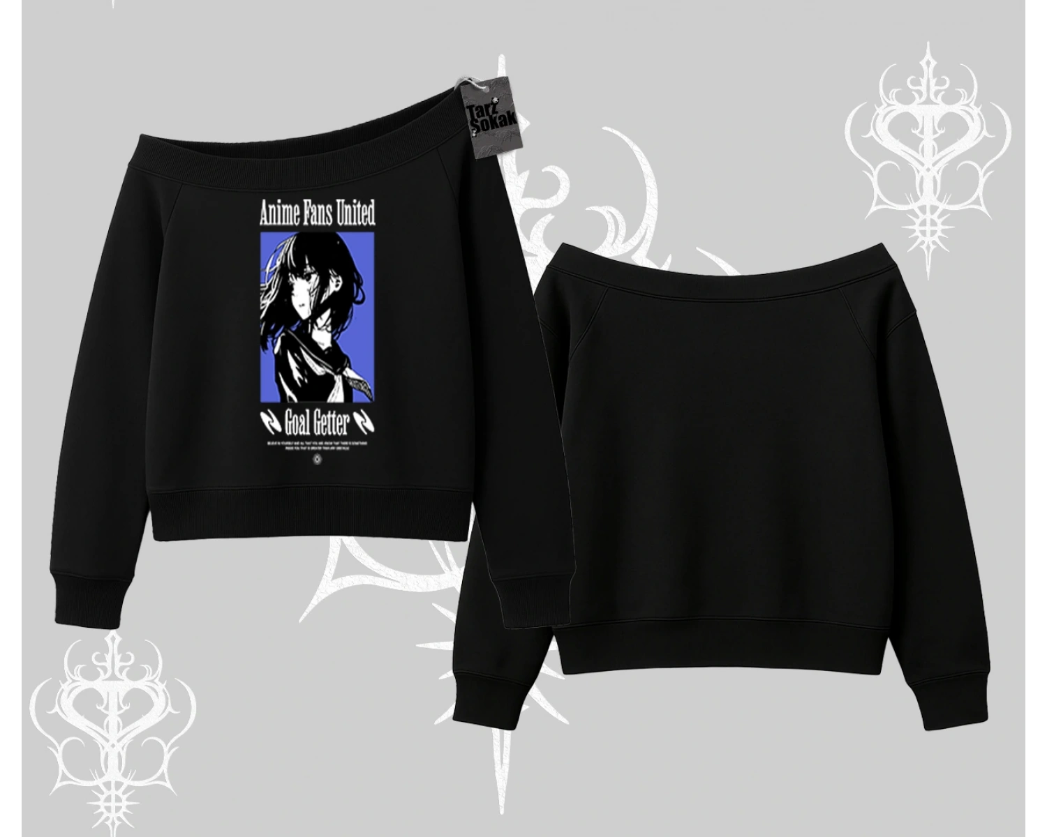 Kayık Yaka Sweatshirt Oversize Anime Kız Baskılı