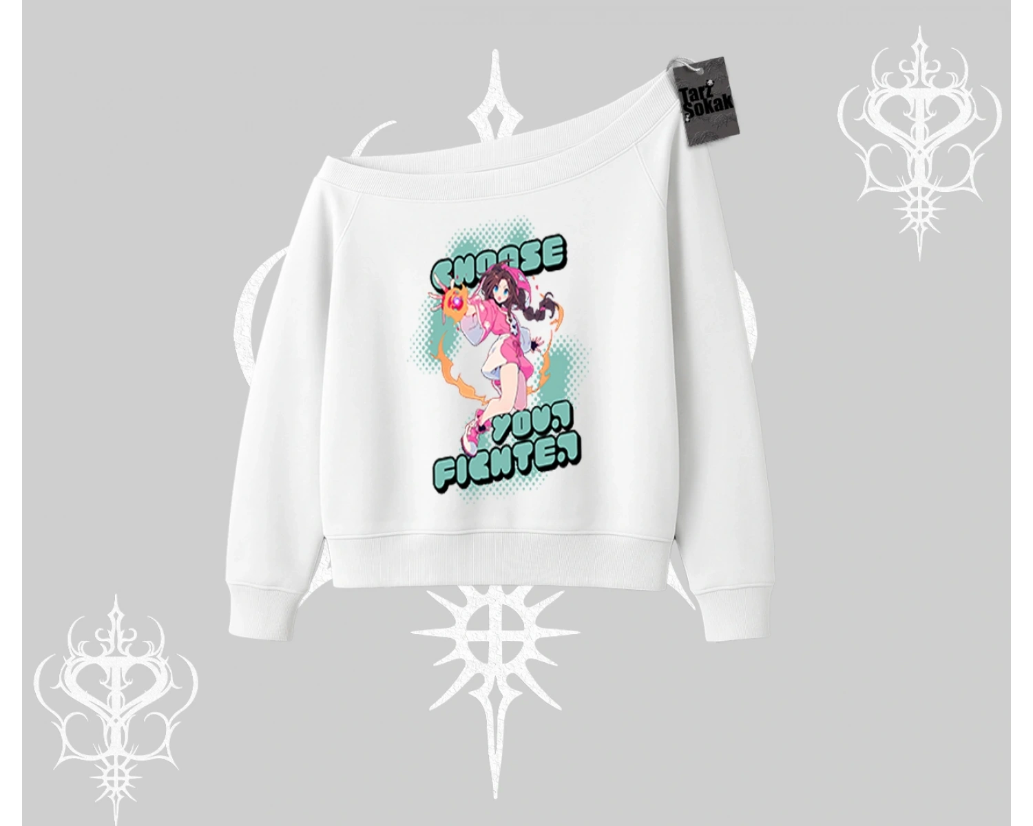 Kayık Yaka Sweatshirt Oversize  Anime Kız Desenli Japon Stil