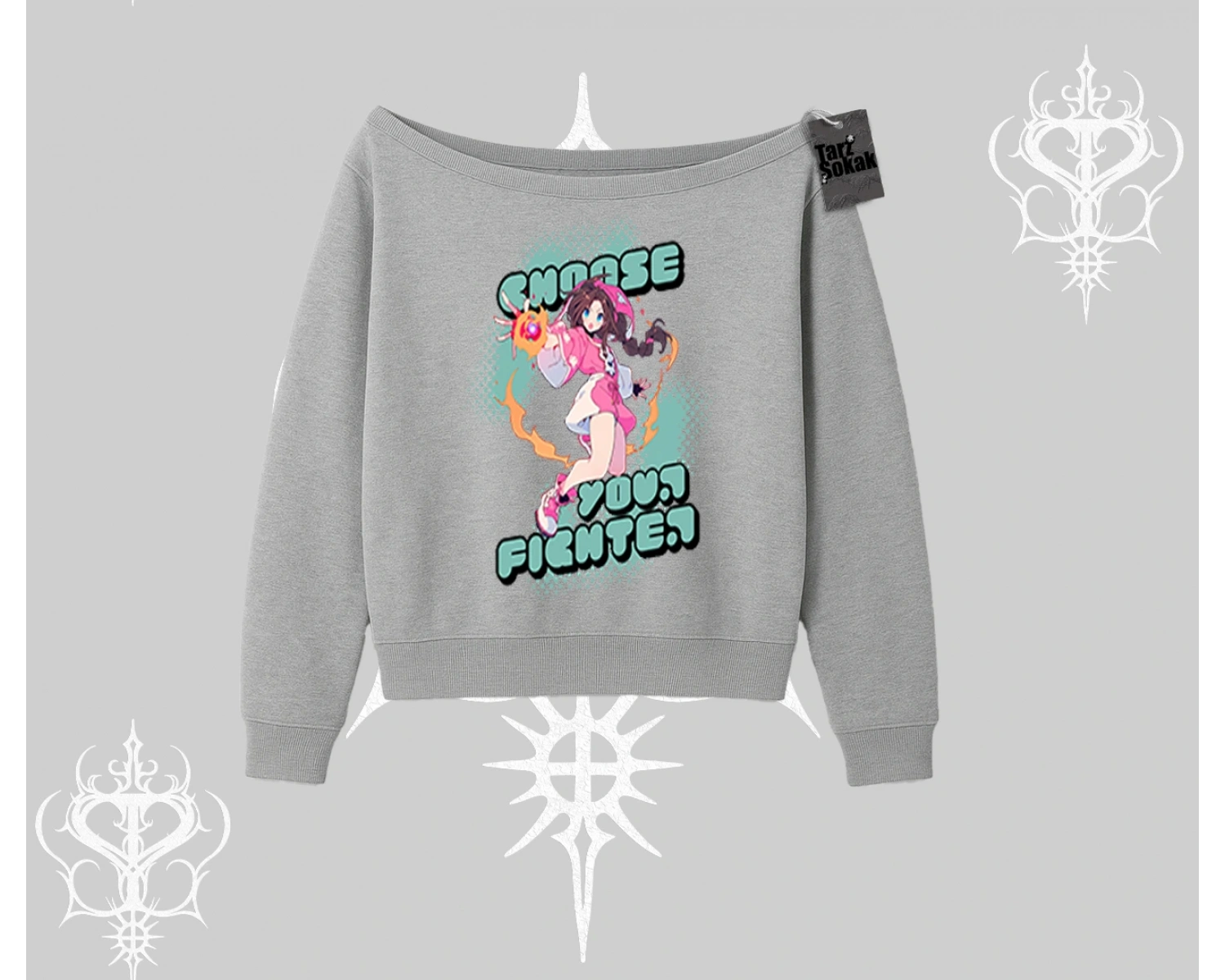 Kayık Yaka Sweatshirt Oversize  Anime Kız Desenli Japon Stil