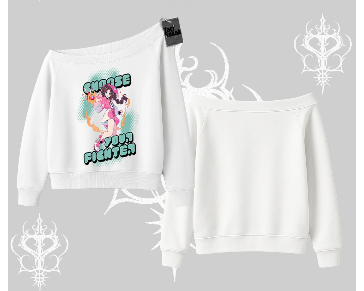 Kayık Yaka Sweatshirt Oversize  Anime Kız Desenli Japon Stil