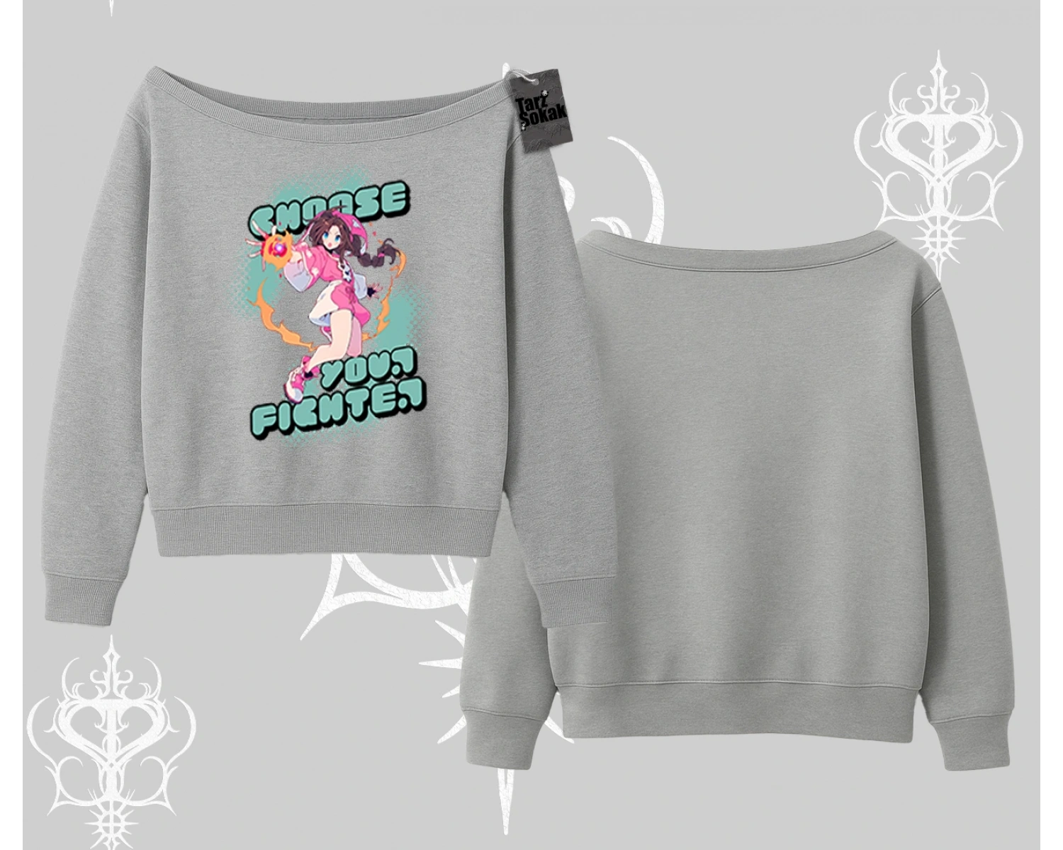 Kayık Yaka Sweatshirt Oversize  Anime Kız Desenli Japon Stil