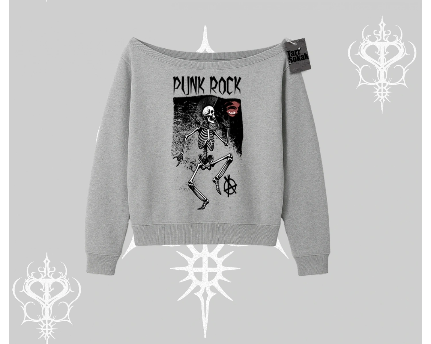 Kayık Yaka Sweatshirt Punk Rock Chaos Skeleton Riot