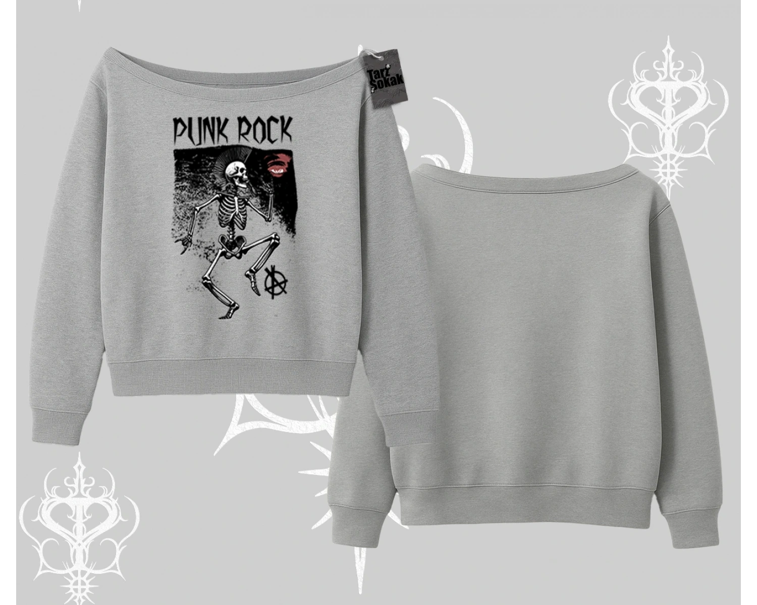 Kayık Yaka Sweatshirt Punk Rock Chaos Skeleton Riot
