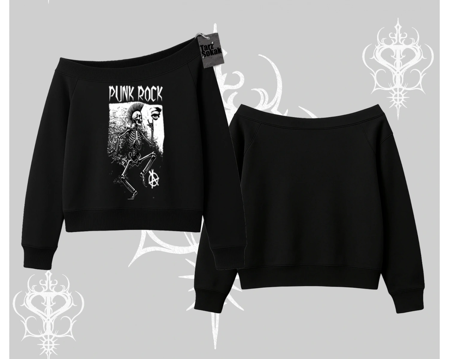Kayık Yaka Sweatshirt Punk Rock Chaos Skeleton Riot
