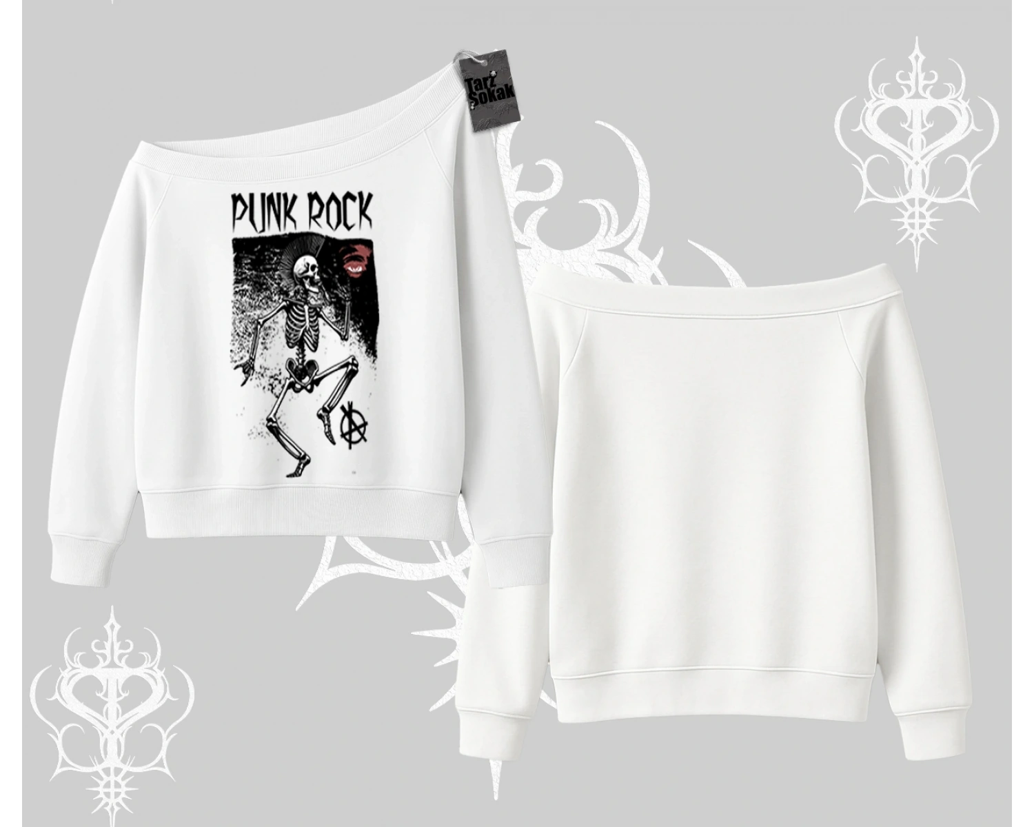Kayık Yaka Sweatshirt Punk Rock Chaos Skeleton Riot