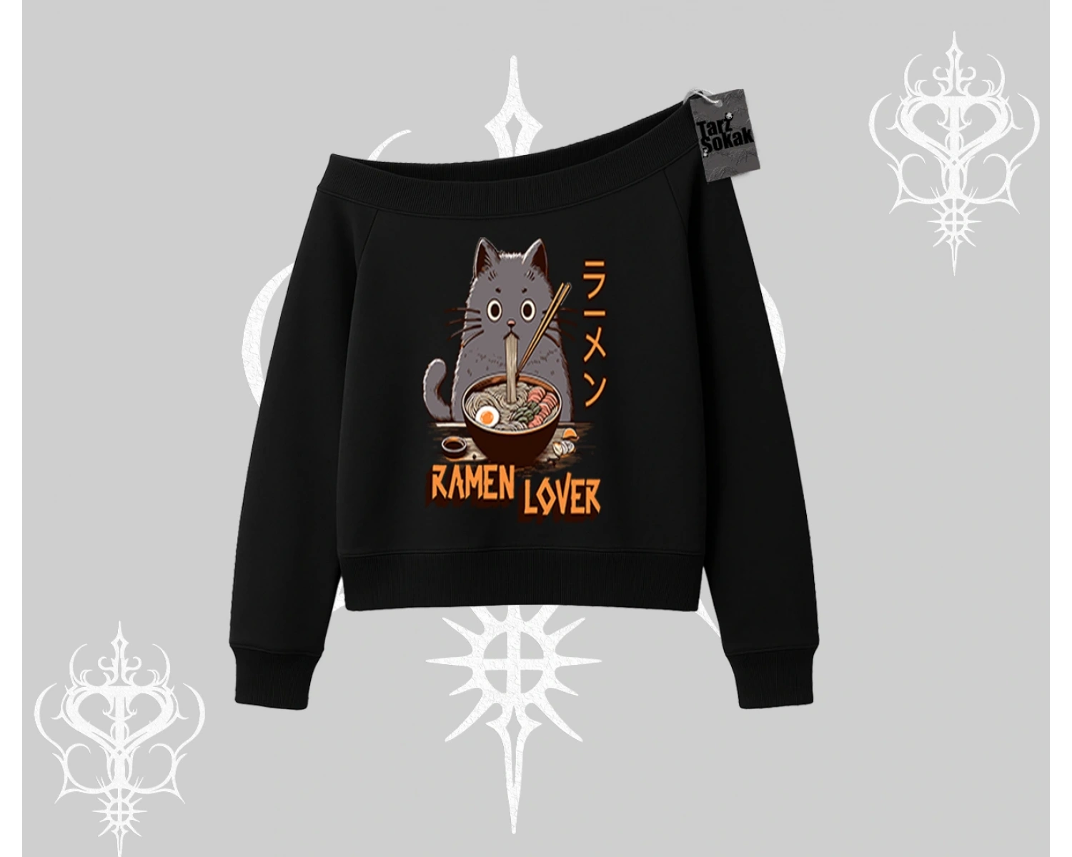 Kayık Yaka Sweatshirt Ramen Lover Kedi Anime Baskılı