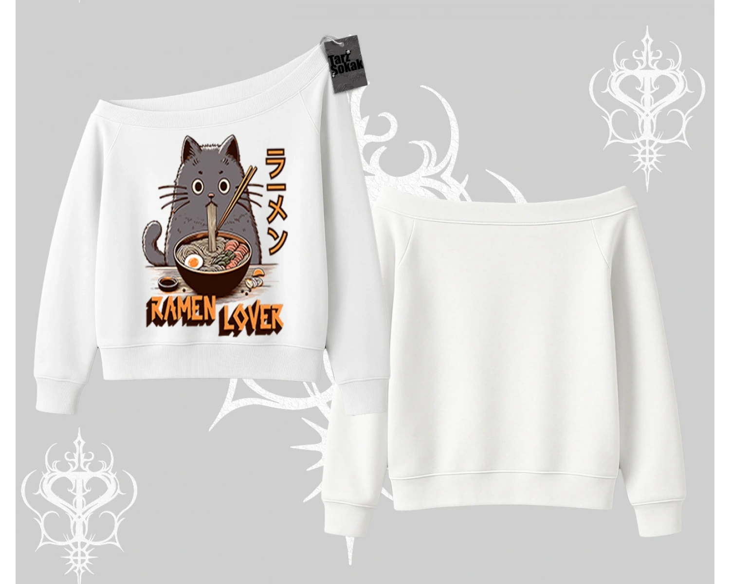 Kayık Yaka Sweatshirt Ramen Lover Kedi Anime Baskılı