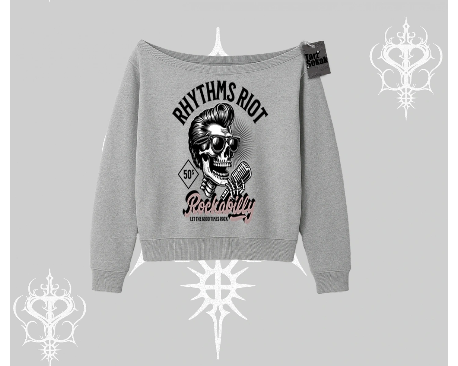 Kayık Yaka Sweatshirt Rhythms Riot Vintage Rockabilly Skull Street Aesthetic