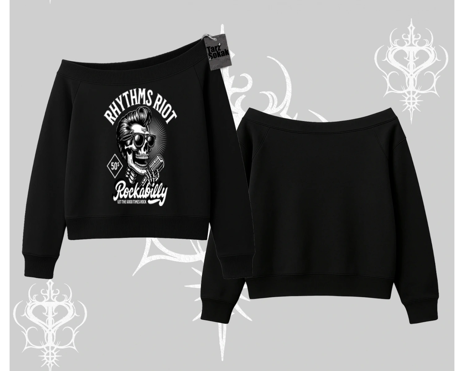 Kayık Yaka Sweatshirt Rhythms Riot Vintage Rockabilly Skull Street Aesthetic