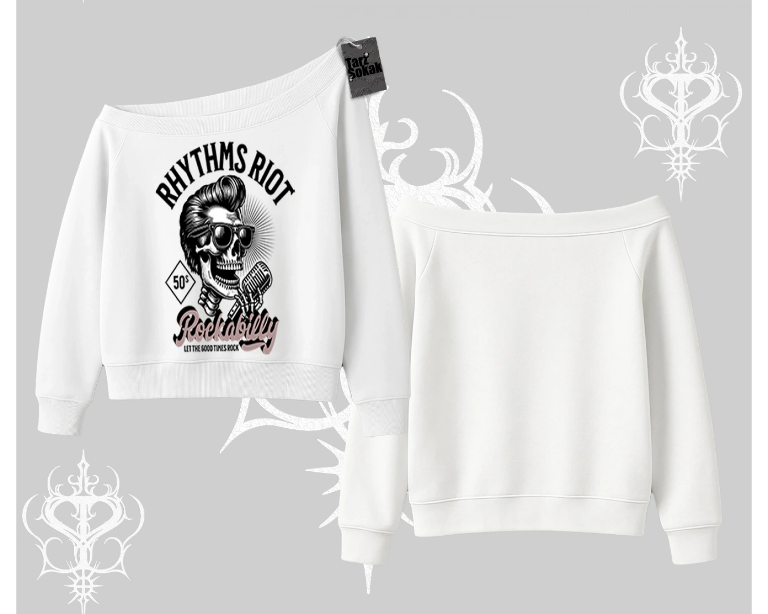 Kayık Yaka Sweatshirt Rhythms Riot Vintage Rockabilly Skull Street Aesthetic