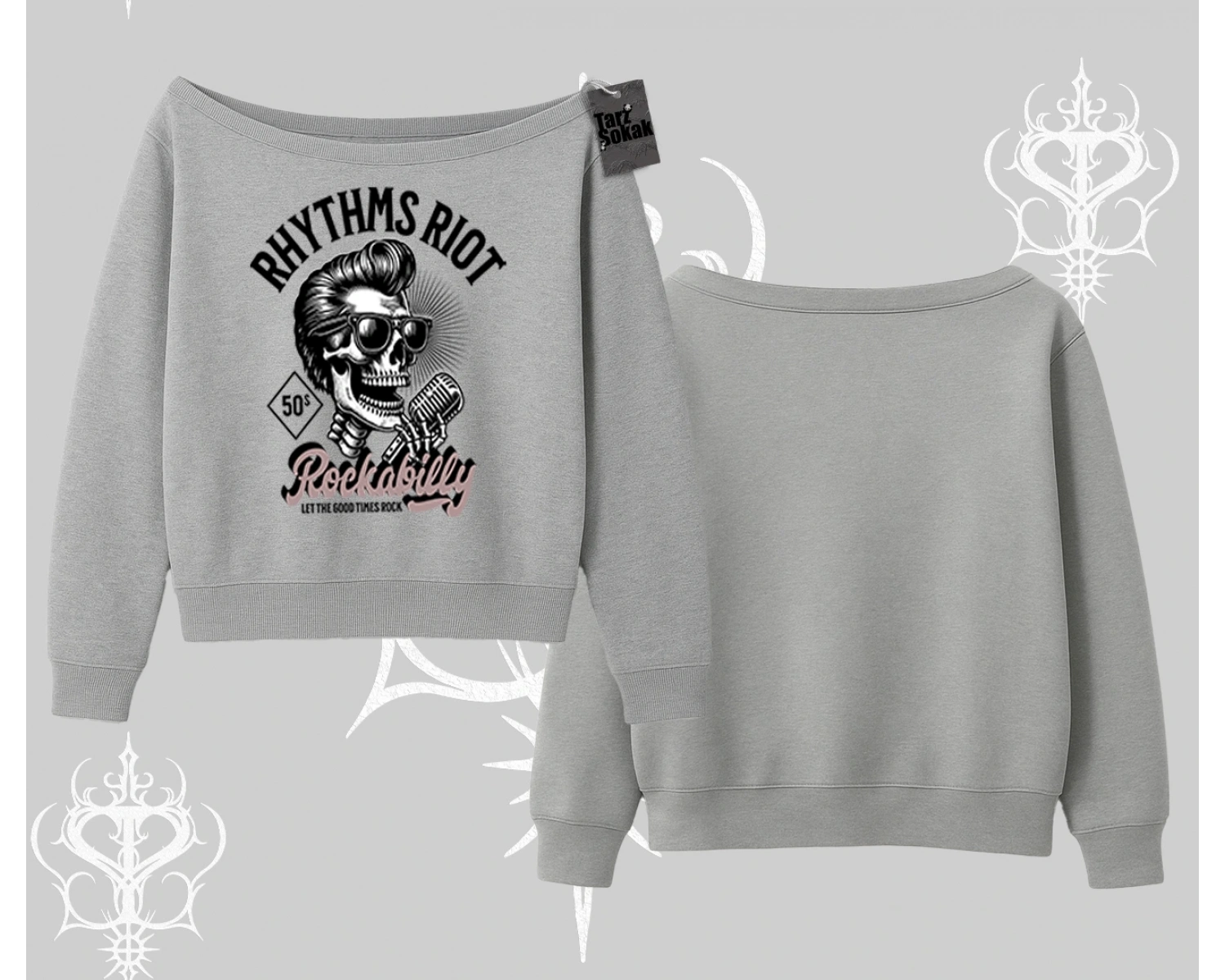 Kayık Yaka Sweatshirt Rhythms Riot Vintage Rockabilly Skull Street Aesthetic