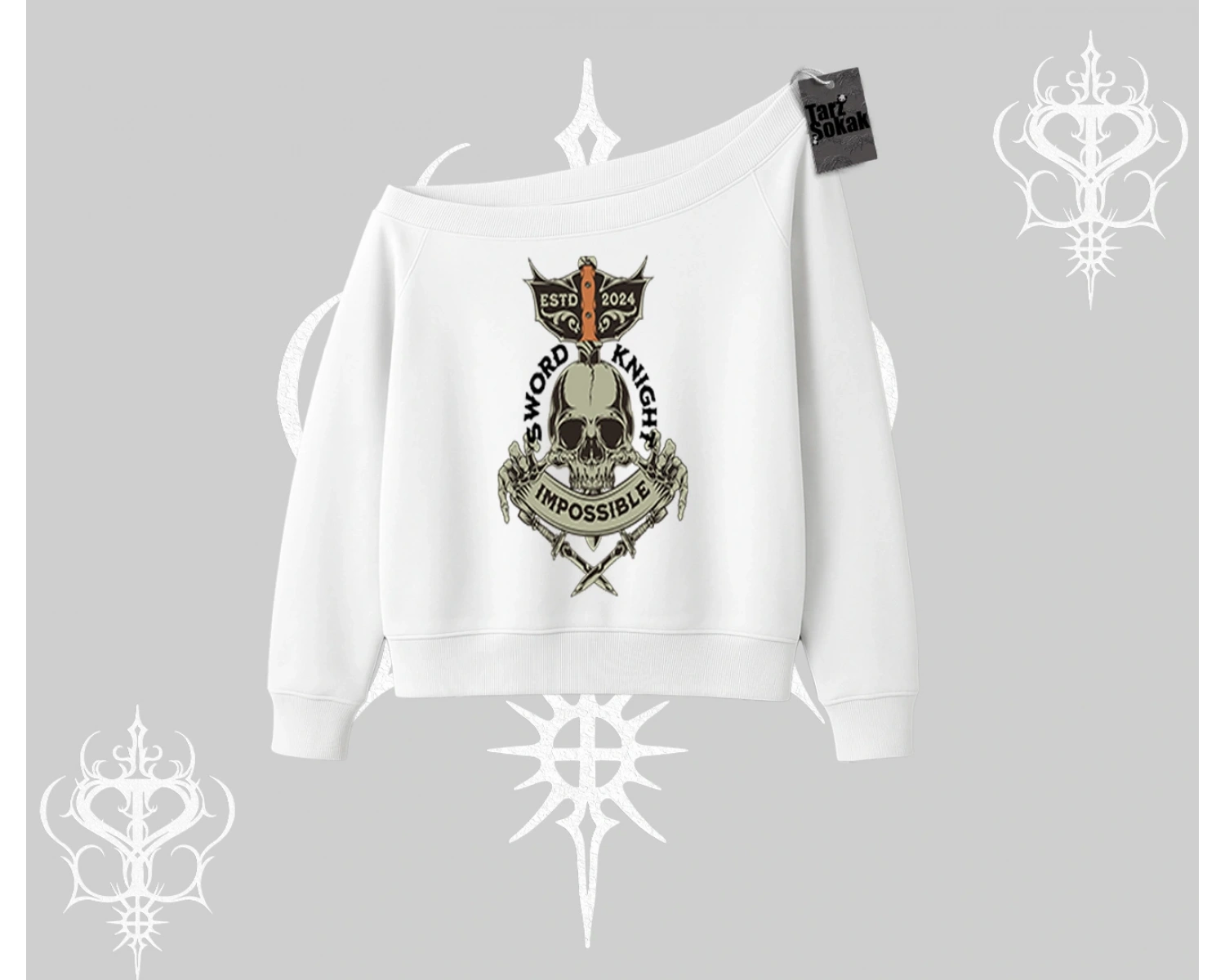 Kayık Yaka Sweatshirt Sword Knight Skull Impossible Street Creed