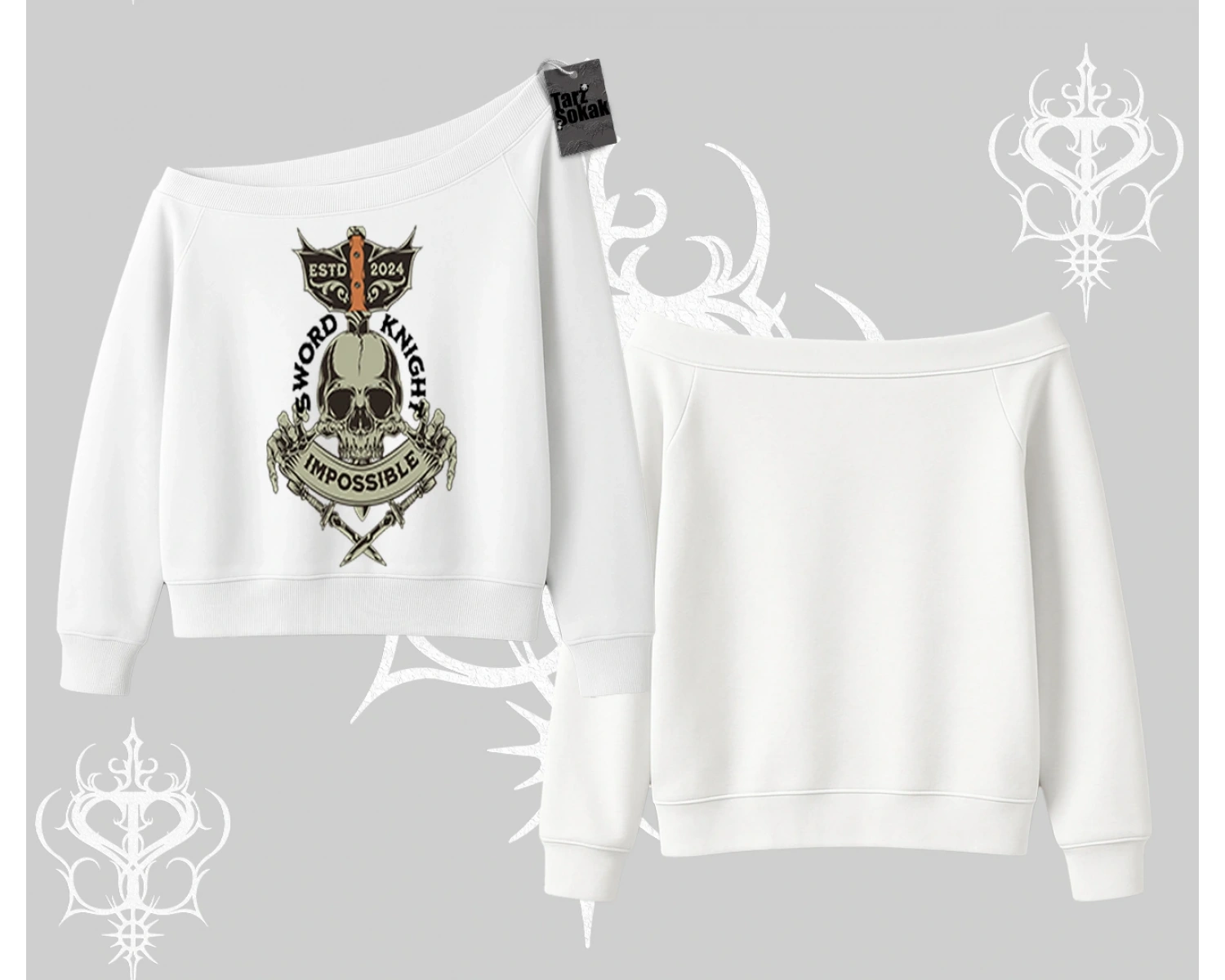 Kayık Yaka Sweatshirt Sword Knight Skull Impossible Street Creed