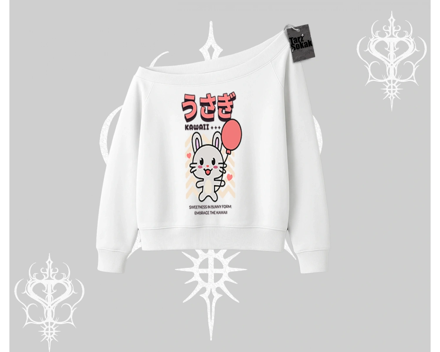 Kayık Yaka Sweatshirt Usagi Kawaii Cute Heart Energy