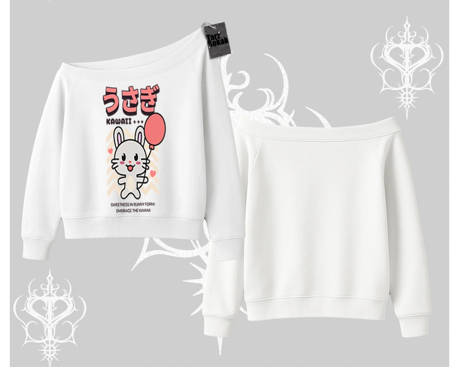 Kayık Yaka Sweatshirt Usagi Kawaii Cute Heart Energy