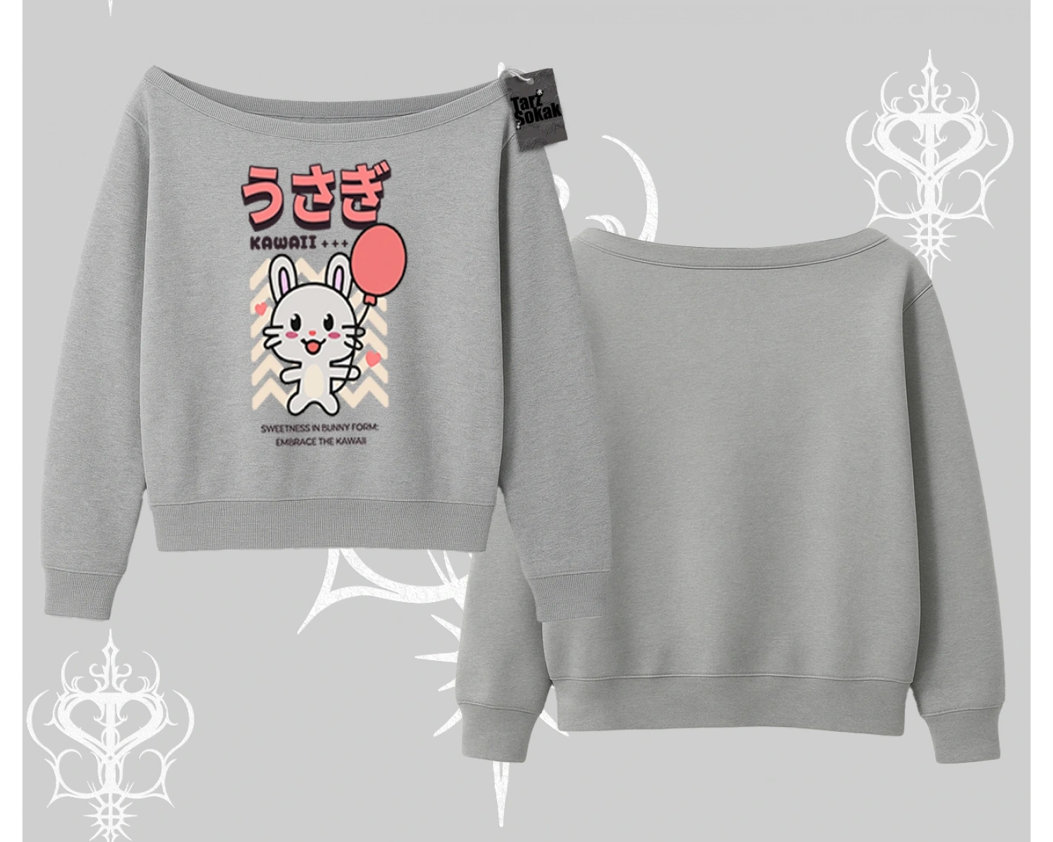 Kayık Yaka Sweatshirt Usagi Kawaii Cute Heart Energy
