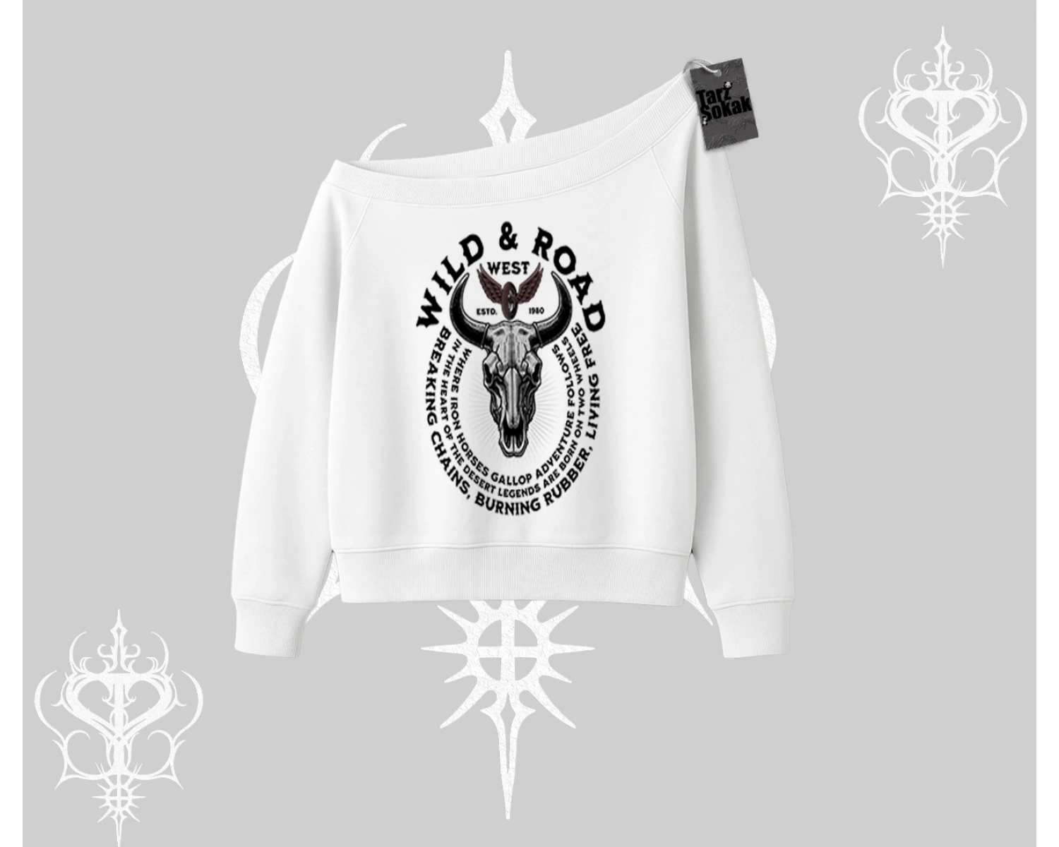 Kayık Yaka Sweatshirt Wild & Road Western Skull Biker Street Culture
