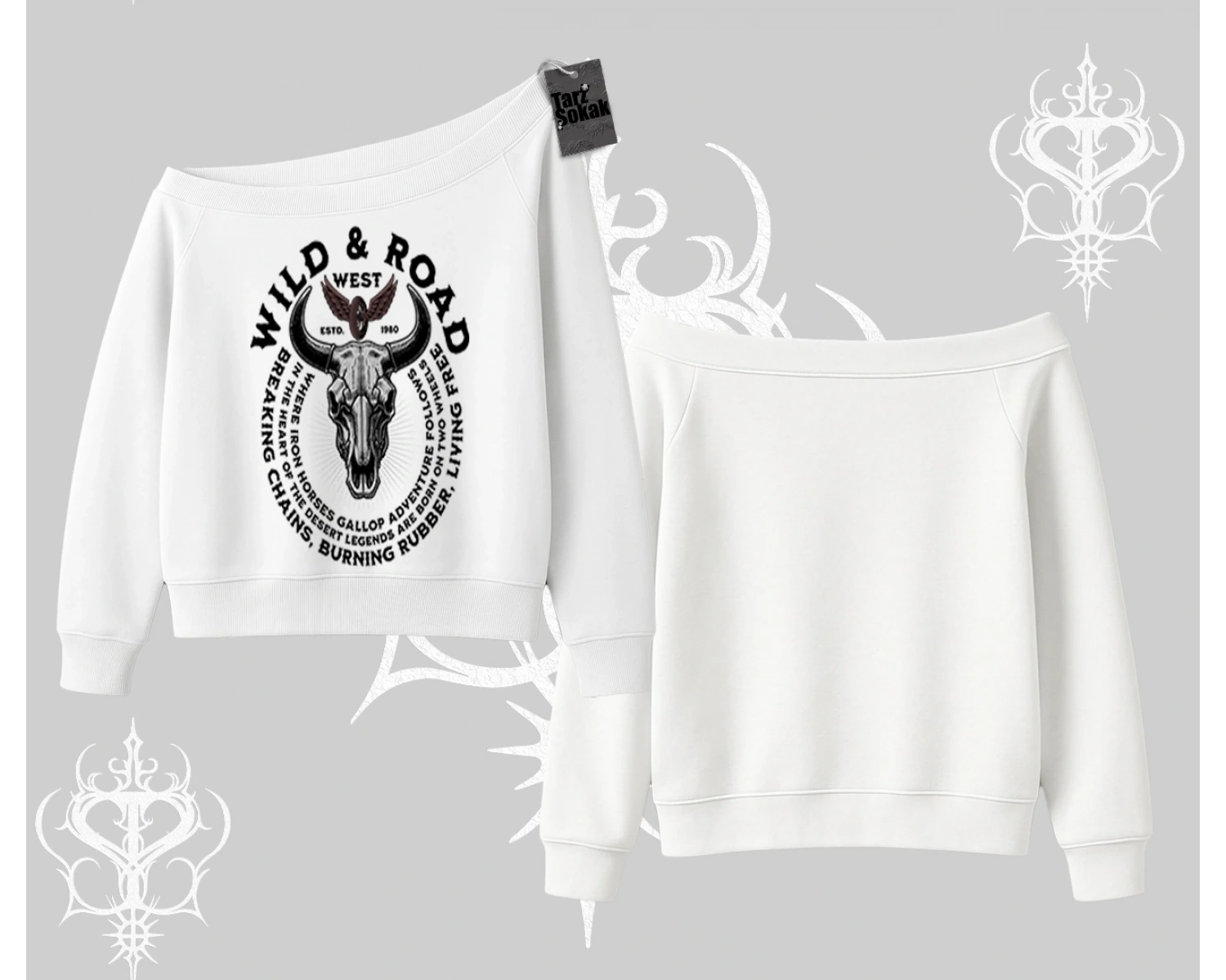 Kayık Yaka Sweatshirt Wild & Road Western Skull Biker Street Culture