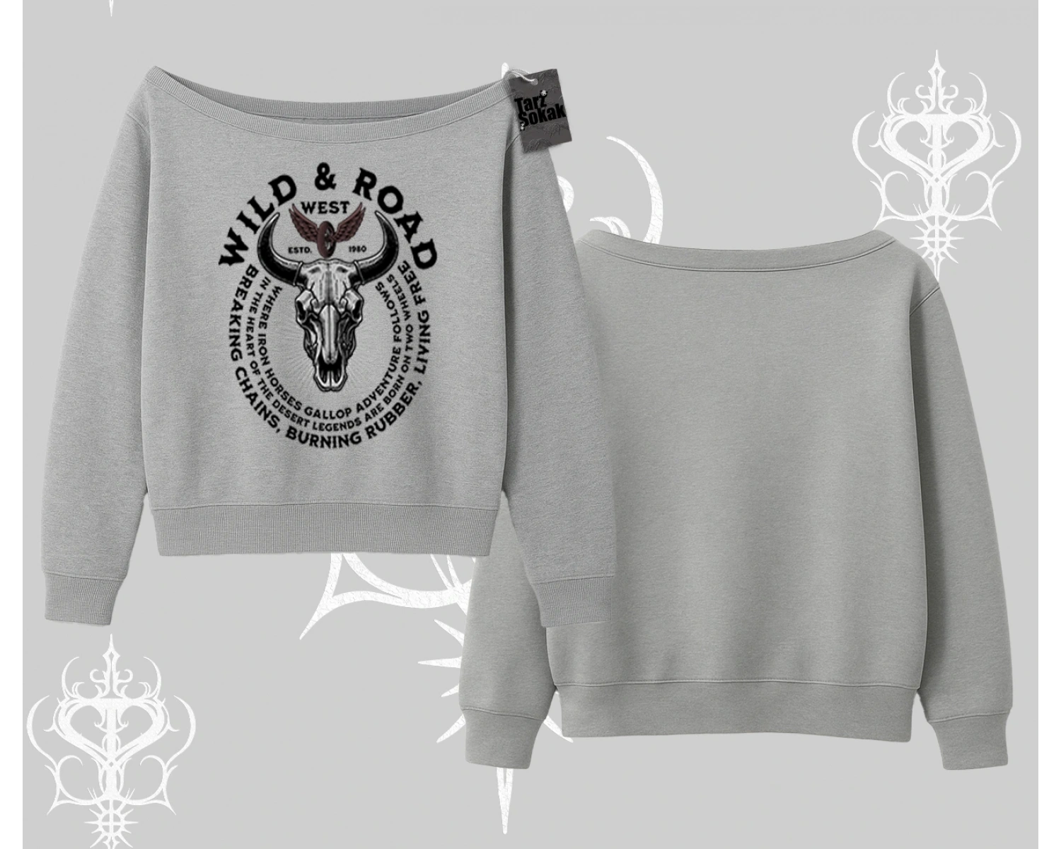 Kayık Yaka Sweatshirt Wild & Road Western Skull Biker Street Culture