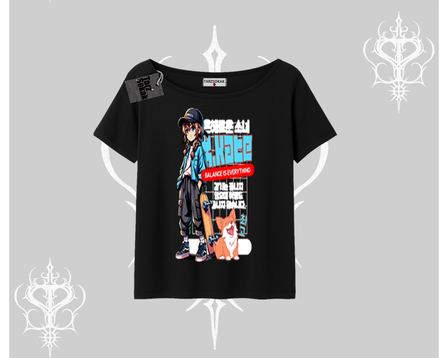 Kayık Yaka Tshirt Anime Hiker Girl Balance Is Everything Baskılı
