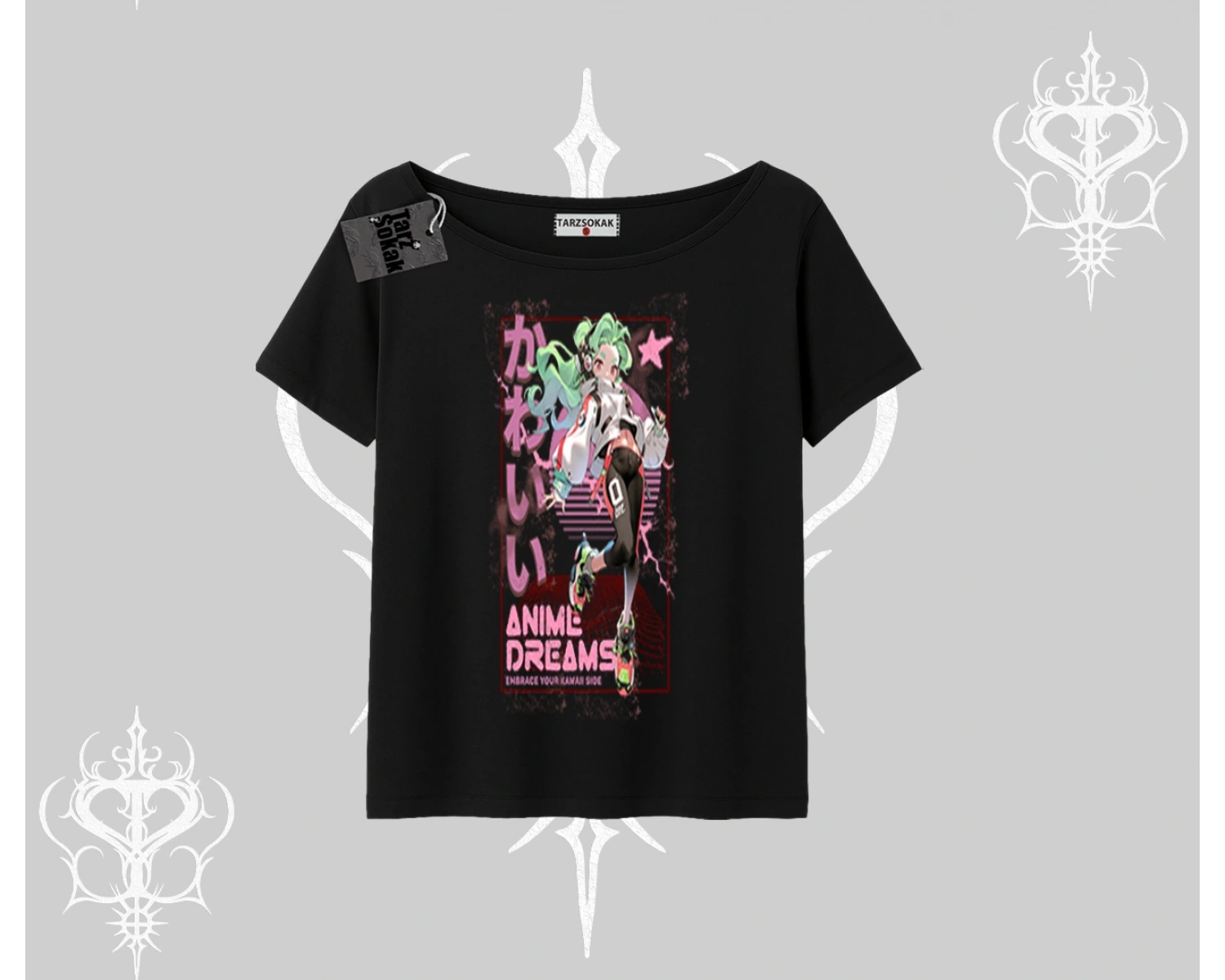 Kayık Yaka Tshirt Anime Kawaii Japon Kız Desenli
