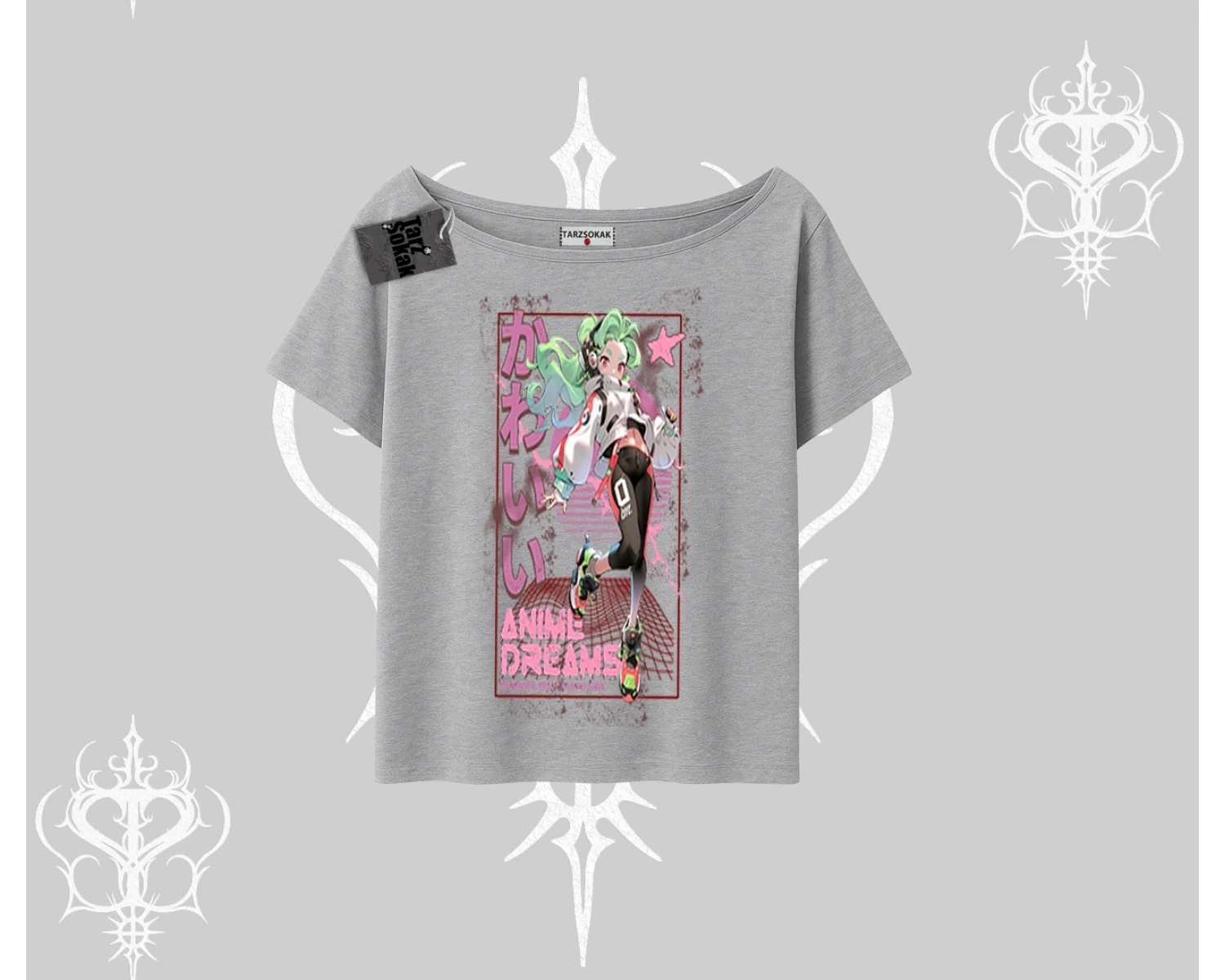 Kayık Yaka Tshirt Anime Kawaii Japon Kız Desenli