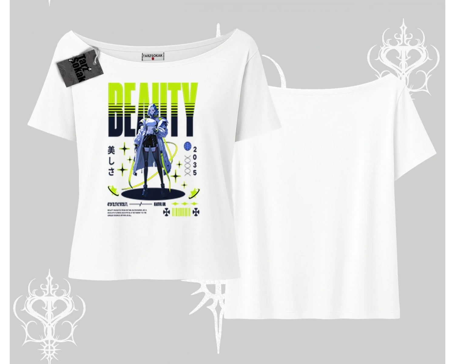 Kayık Yaka Tshirt Anime Unity Neon Detaylı Grafik Baskılı